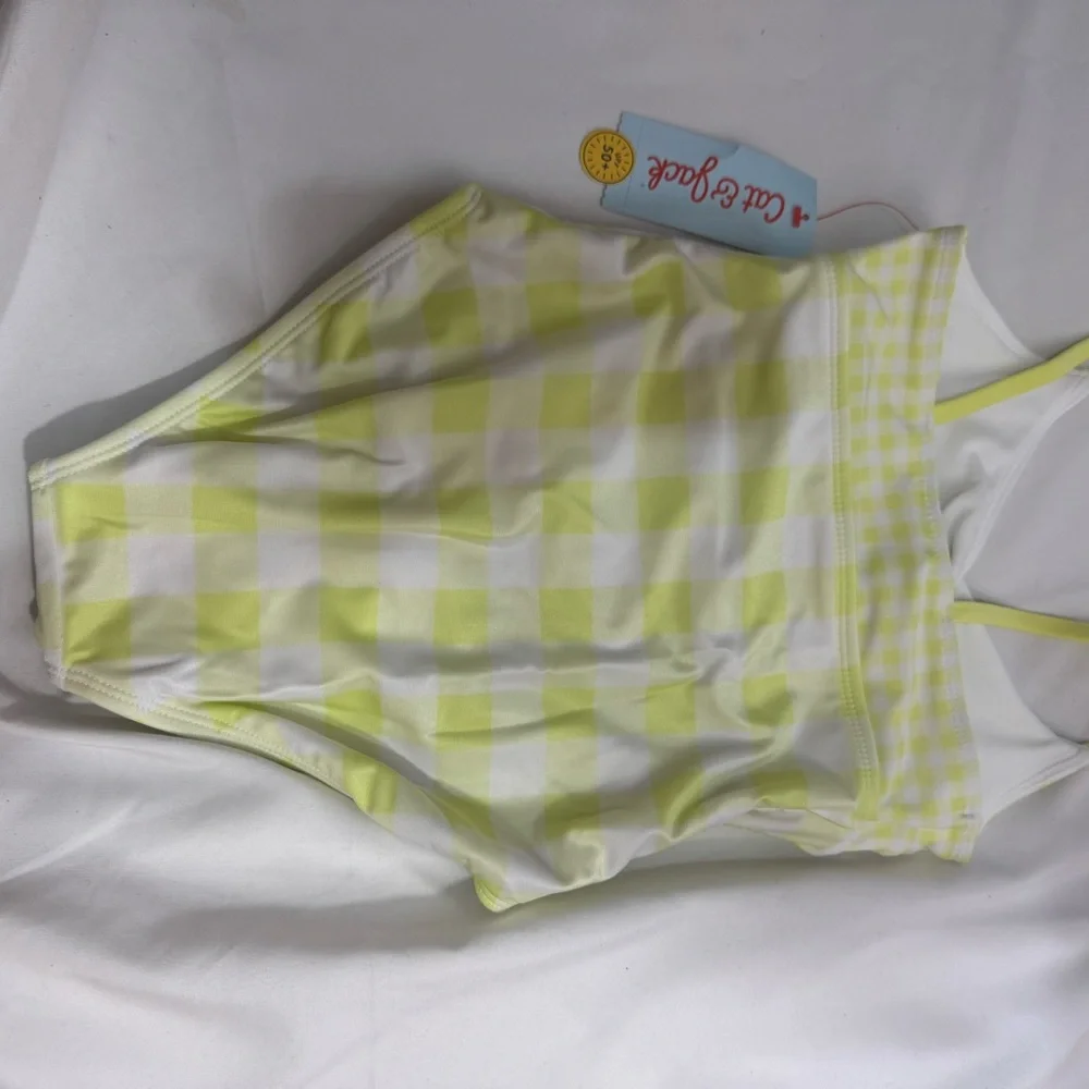 Girls Med Size 7-8 One Piece Light Green Plaid Swimsuit Twist Open Key Hole Top